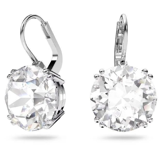 Millenia Round-Cut Drop Earrings with White Crystal in Rhodium Silver