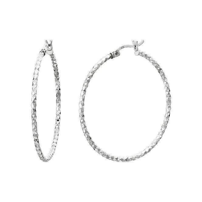 Diamond Cut Silver Clip Hoop Earrings, 45mm Extra Large