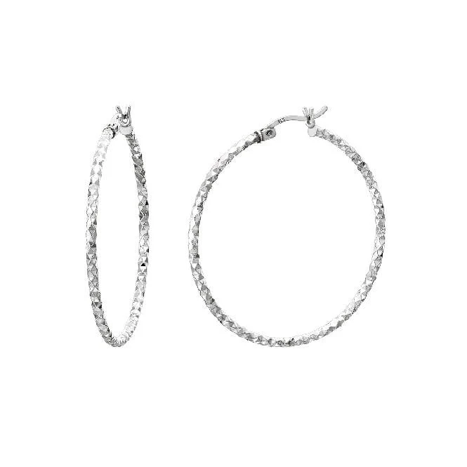 Diamond Cut Silver Clip Hoop Earrings, 35mm Large