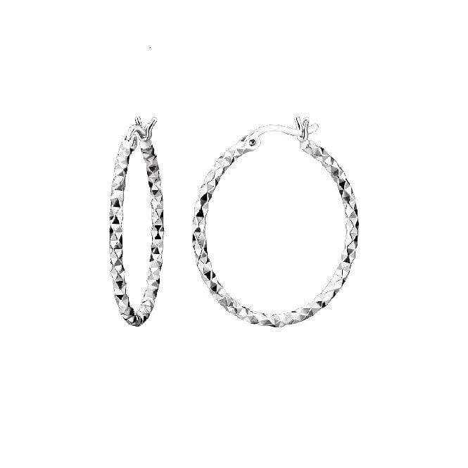 Diamond Cut Silver Clip Hoop Earrings, 25mm Medium