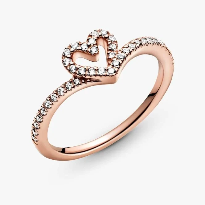 Rose Sparkling Wishbone Heart Ring, Size 48