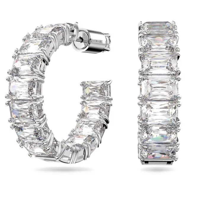 Matrix Octagon Cut Hoop Earrings with White Crystal in Rhodium Silver