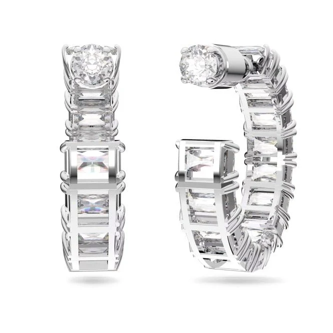 Matrix Octagon Cut Hoop Earrings with White Crystal in Rhodium Silver