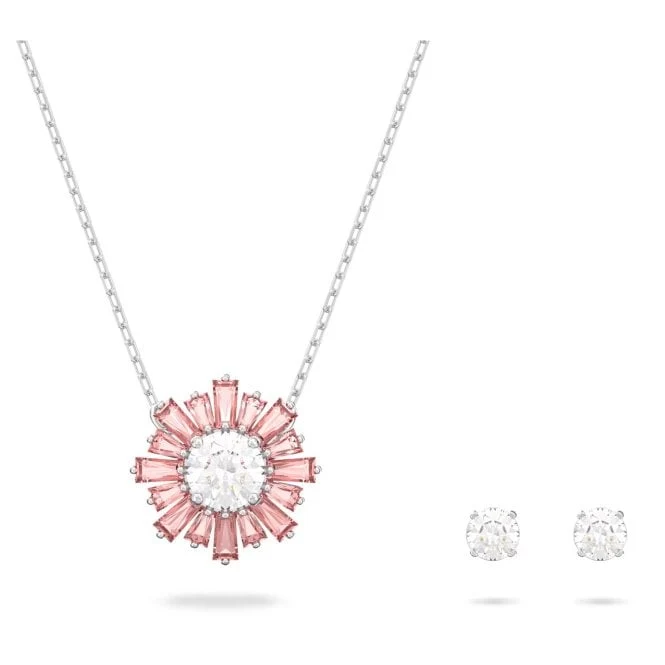Idyllia Necklace & Earrings Set with Pink Crystal in Rhodium Silver