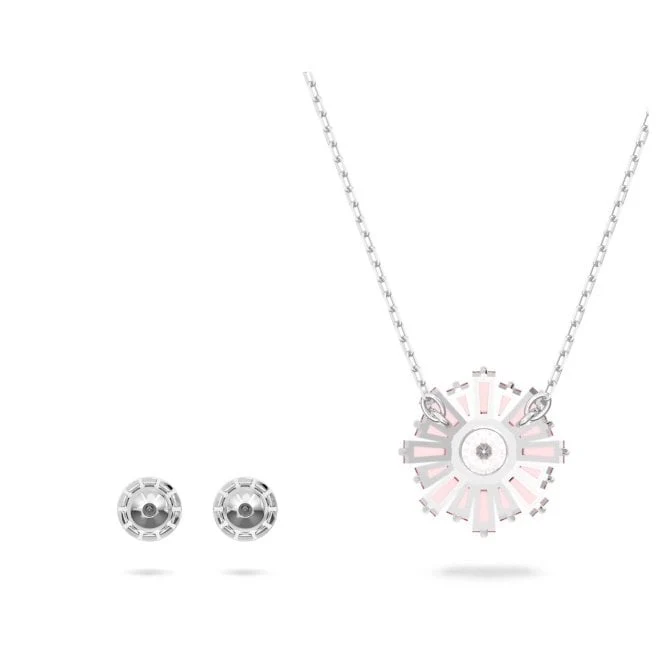Idyllia Necklace & Earrings Set with Pink Crystal in Rhodium Silver