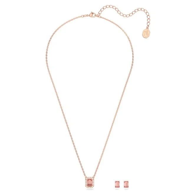 Una Necklace & Earrings Set with Octagon-Cut Pink Crystal in Rose Gold