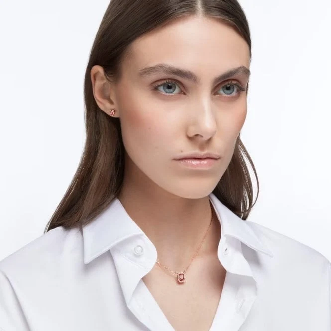 Una Necklace & Earrings Set with Octagon-Cut Pink Crystal in Rose Gold