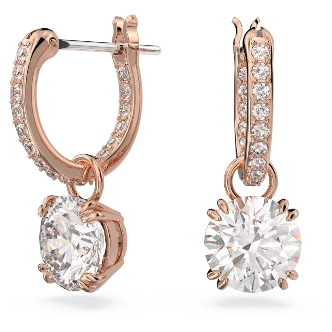 Stilla Drop Earrings with Round-Cut White Crystal in Rose Gold