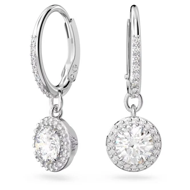 Una Drop Earrings with Round-Cut White Crystal Pave in Rhodium Silver