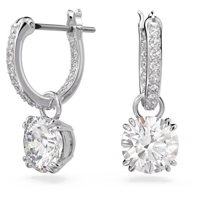 Stilla Drop Earrings with Round-Cut White Crystal in Rhodium Silver