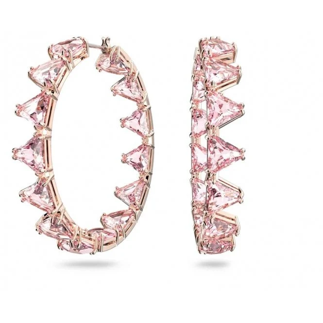 Matrix Triangle Cut Hoop Earrings with Pink Crystal in Rose Gold