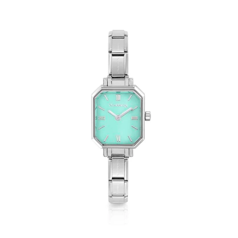 Time Paris Rectangle Green Water Dial & Silver Charm Bracelet Watch