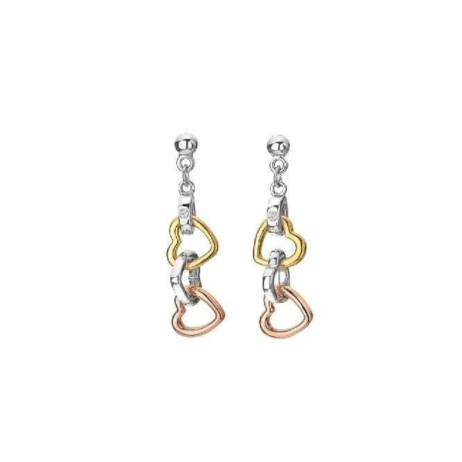 Silver Trio Triple Heart Earrings with Gold