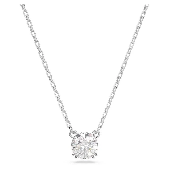 Stilla Pendant Necklace with Round-Cut White Crystal in Rhodium Silver