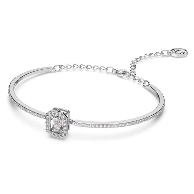 Una Bangle with Octagon-Cut White Crystal in Rhodium Silver