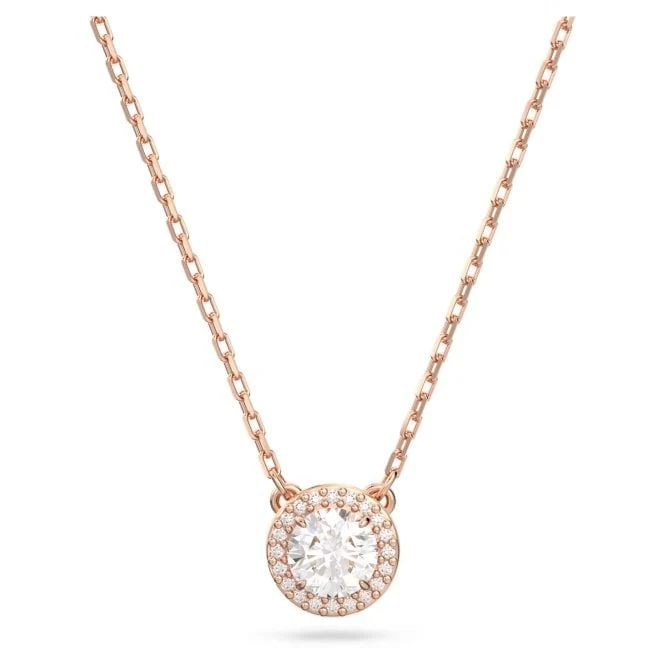 Una Angelic Pendant Necklace with Round-Cut White Crystal Pave in Rose Gold