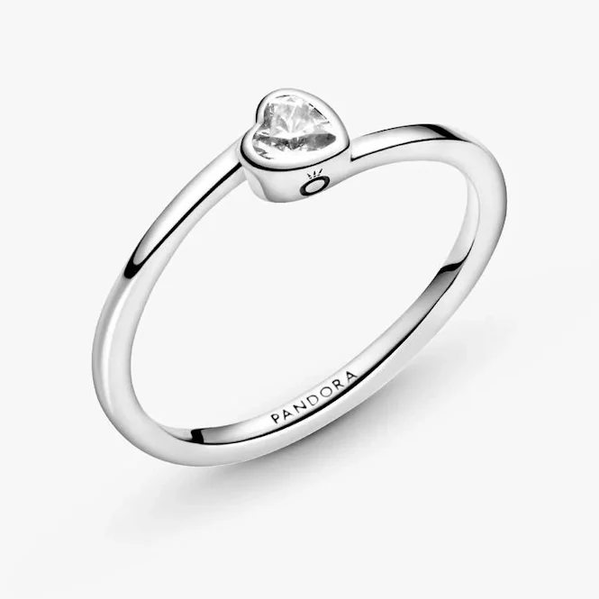 Clear Tilted Heart Solitaire Ring, Size 56