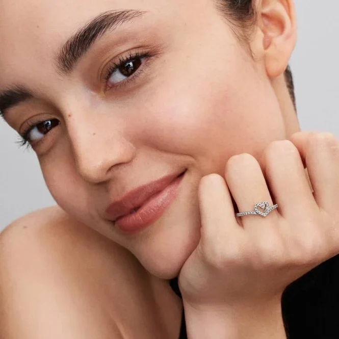 Sparkling Wishbone Heart Ring, Size 48