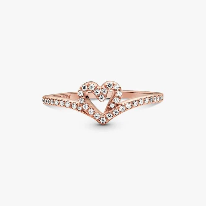 Rose Sparkling Wishbone Heart Ring, Size 58