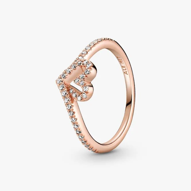 Rose Sparkling Wishbone Heart Ring, Size 56