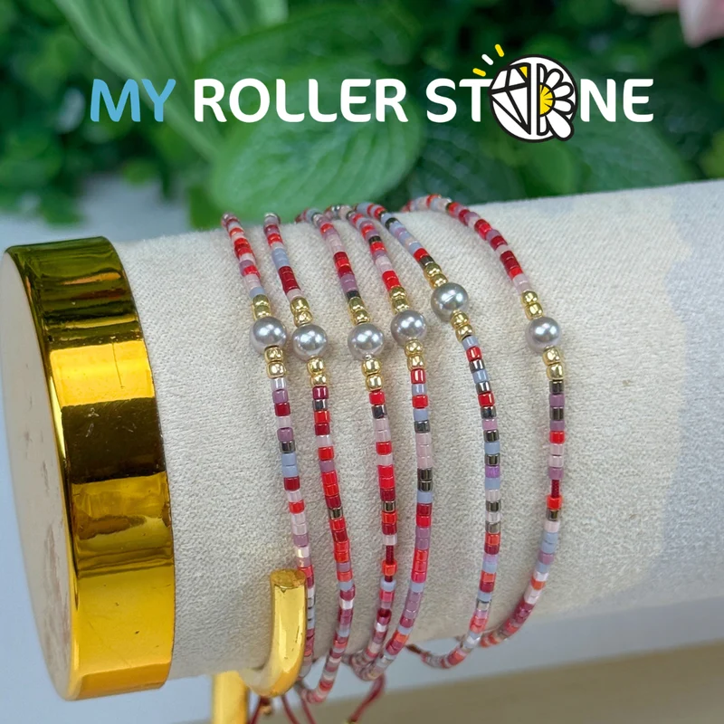 Verstellbares Armband aus roter Zuchtperle und Miyuki-Perle