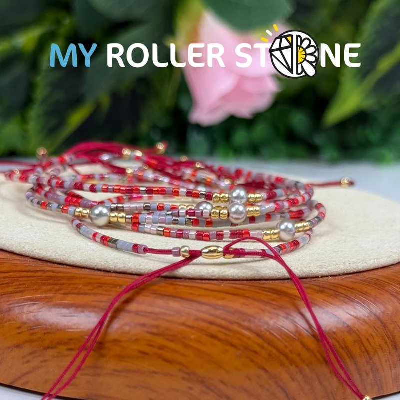 Verstellbares Armband aus roter Zuchtperle und Miyuki-Perle