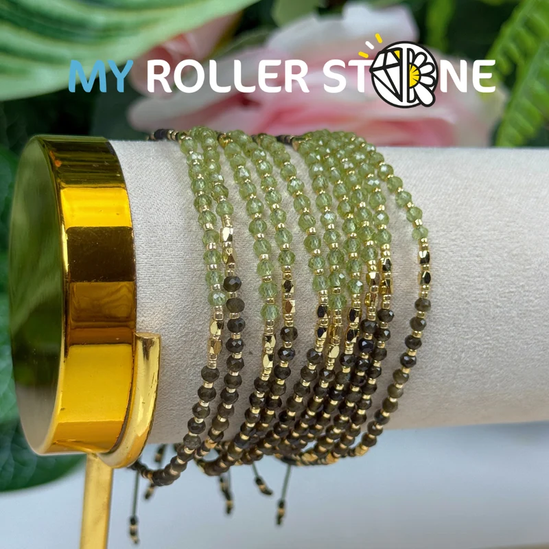 Verstellbares Armband mit Peridot und goldenem Obsidian