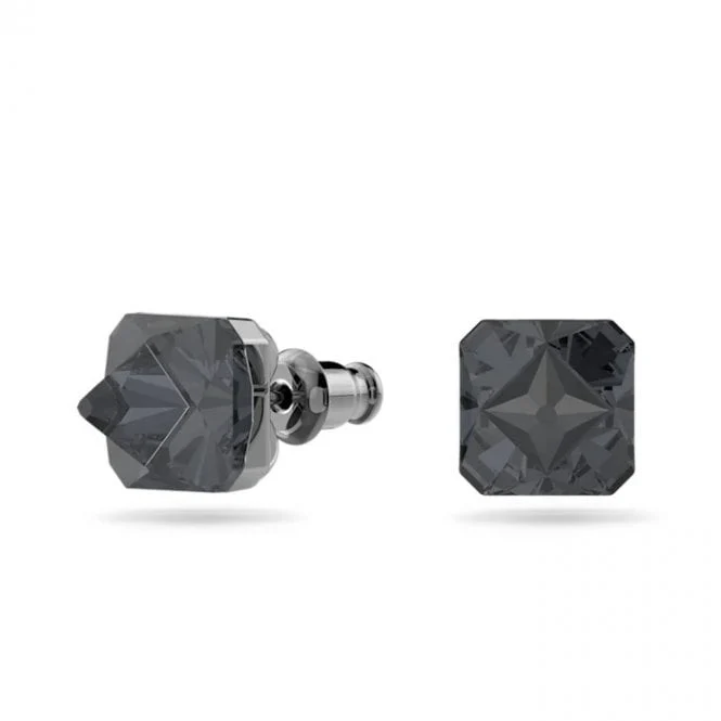 Matrix Pyramid Cut Stud Earrings with Grey Crystal in Ruthenium
