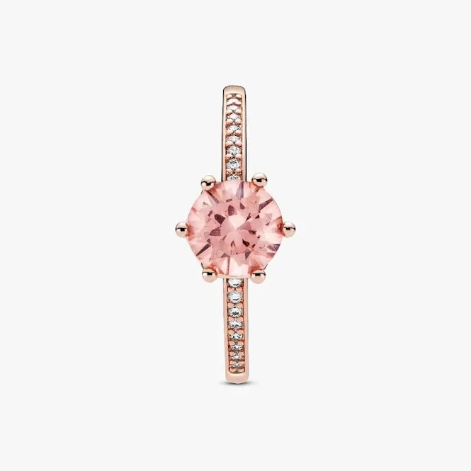 Rose Pink Sparkling Crown Solitaire Ring, Size 54