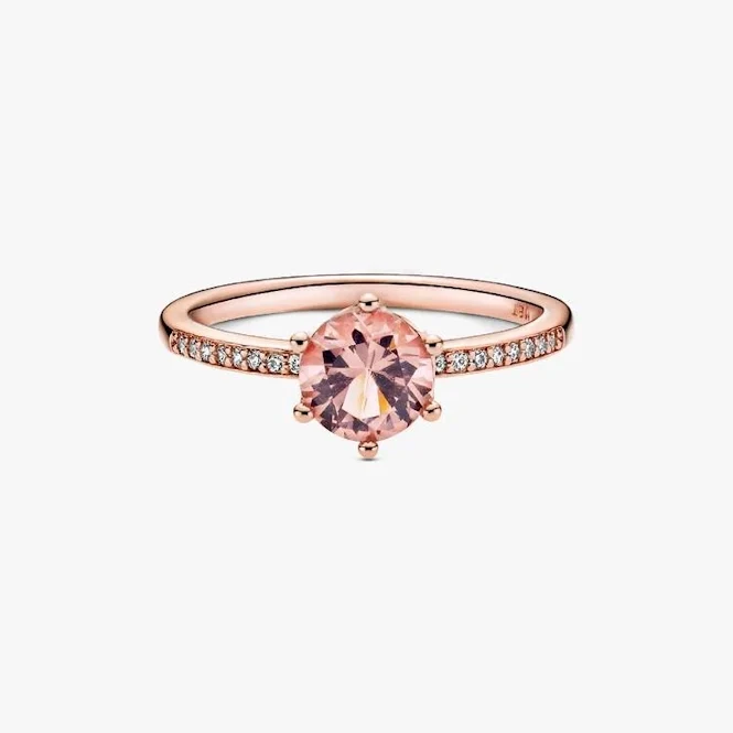Rose Pink Sparkling Crown Solitaire Ring, Size 54