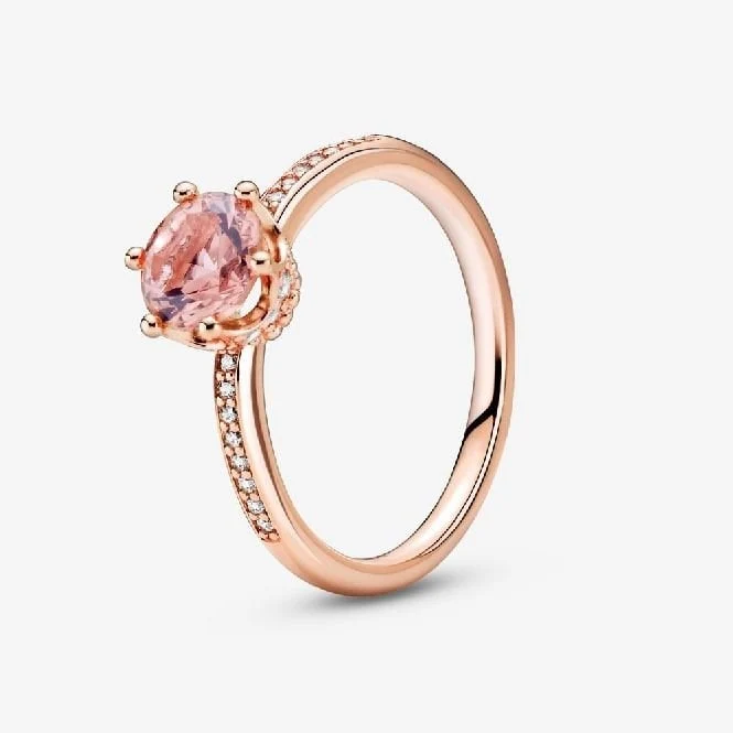Rose Pink Sparkling Crown Solitaire Ring, Size 50