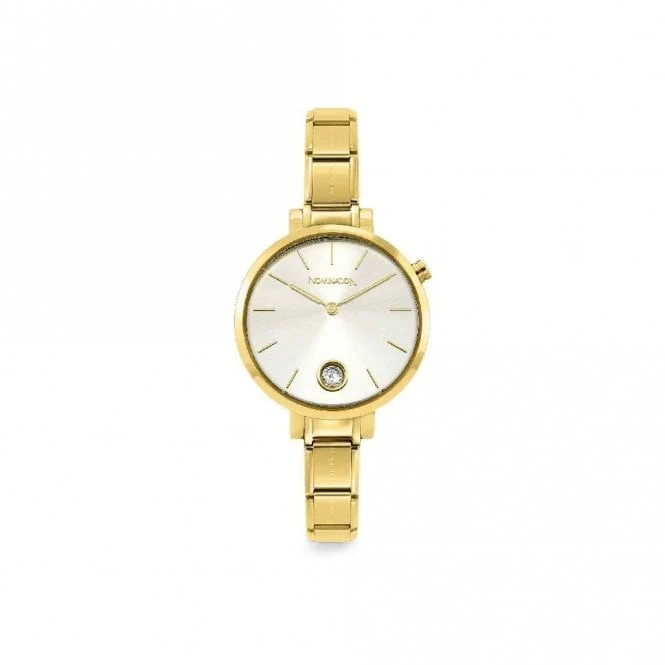 Time Round Silver Glitter Dial & Gold Charm Bracelet Watch with CZ
