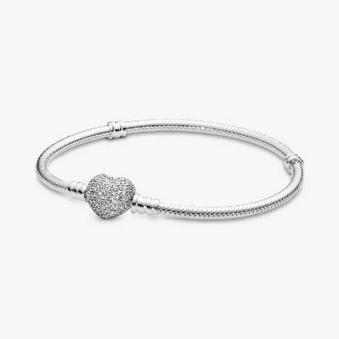 Moments Sparkling Heart Pave Clasp Snake Chain Bracelet, 16cm