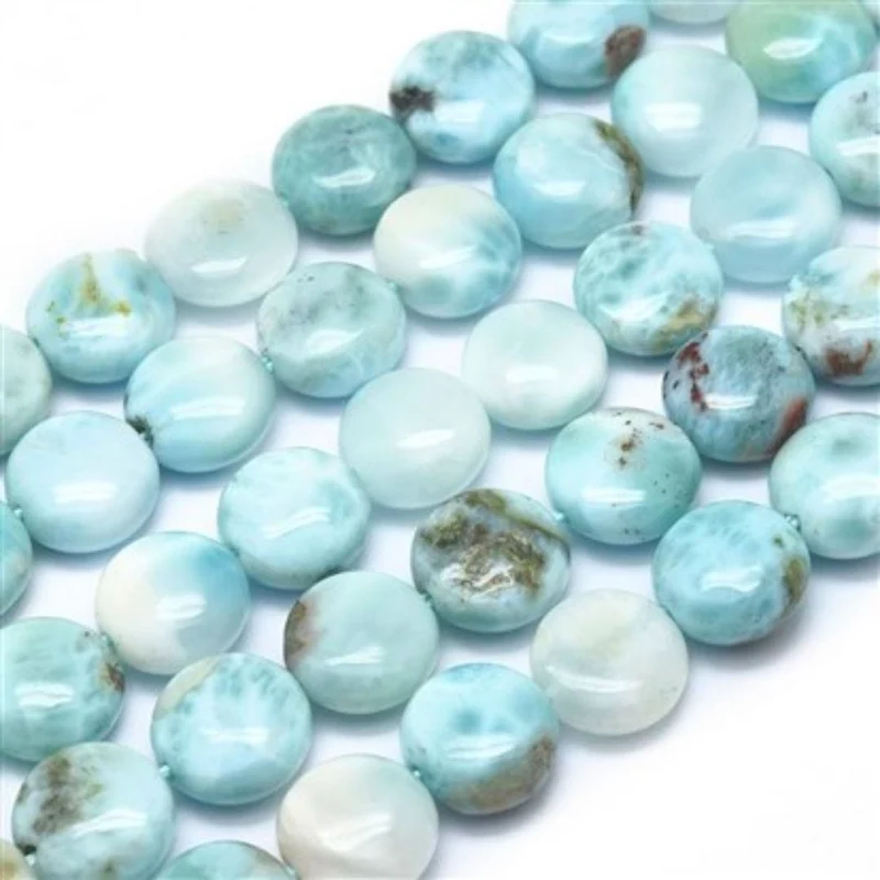 Durchbohrte, flache, runde Larimar-Perle