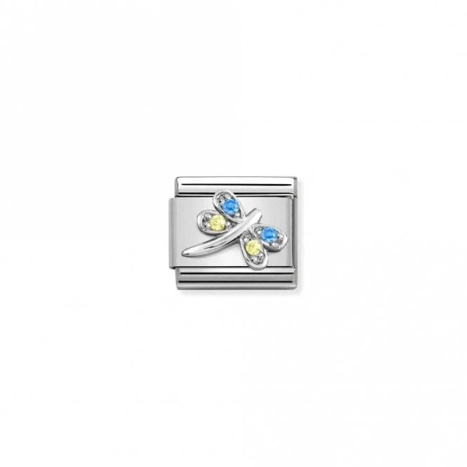 Classic Silver CZ Light Blue and Yellow Dragonfly Animal Charms