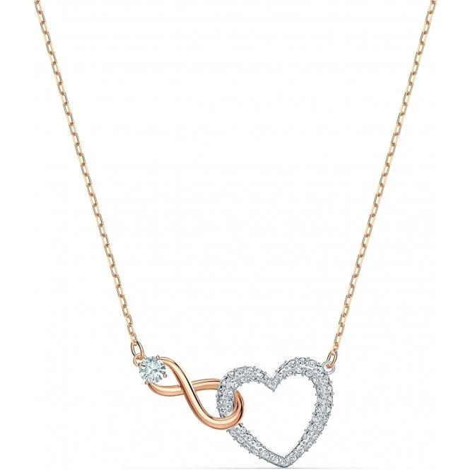 Hyperbola Infinity Heart Necklace with White Crystal in Rose Gold and Rhodium Silver