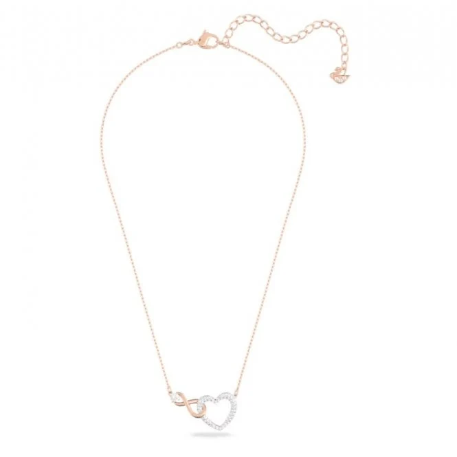Hyperbola Infinity Heart Necklace with White Crystal in Rose Gold and Rhodium Silver