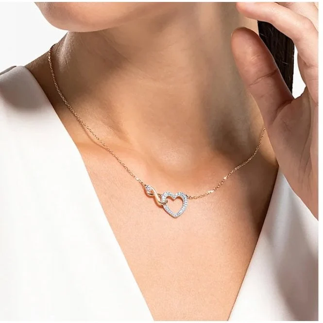 Hyperbola Infinity Heart Necklace with White Crystal in Rose Gold and Rhodium Silver