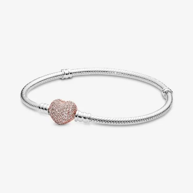 Moments Pave Heart Clasp Snake Chain Bracelet, 18cm