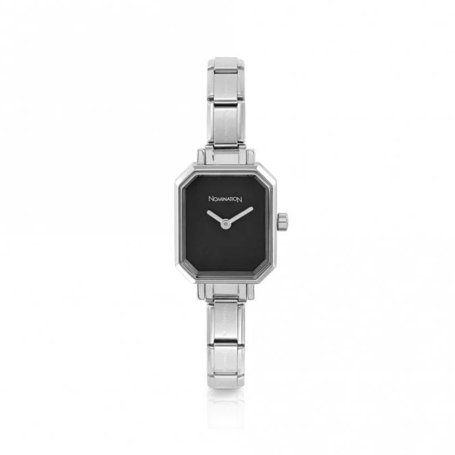 Time Rectangle Plain Black Dial & Silver Charm Bracelet Watch