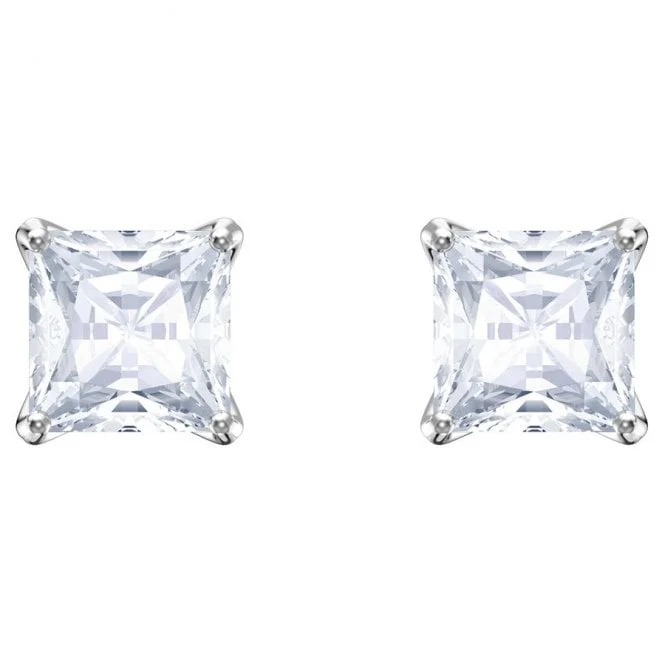 Stilla Attract White Crystal Square Stud Earrings in Rhodium Silver