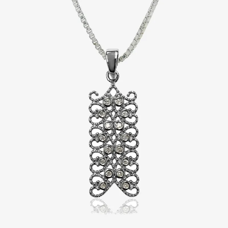 Grace Lace Silver Rectangle CZ Paisley Pendant Necklace