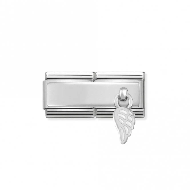 Classic Silver Engravable Double Plate White Enamel Wing Hanging Pendant Charms