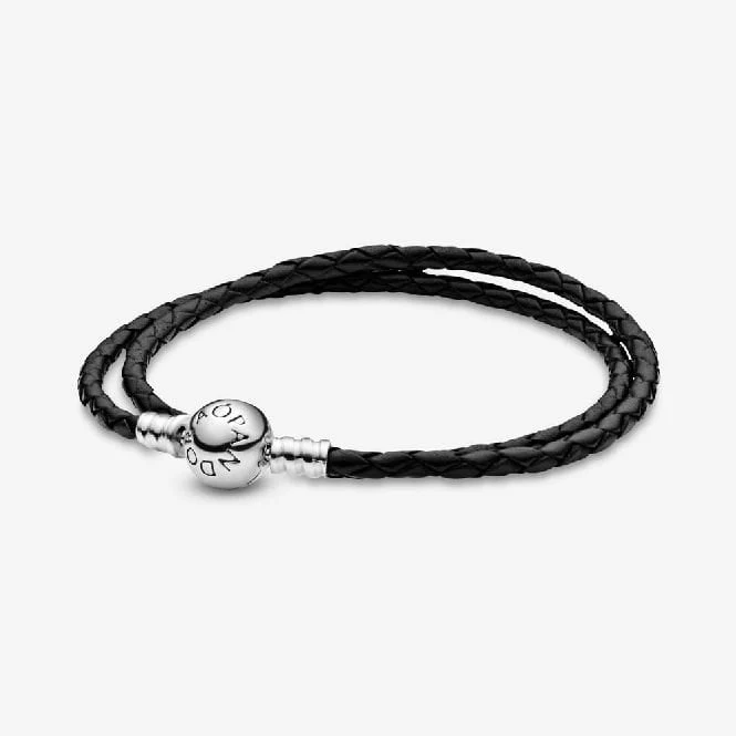 Moments Double Black Leather Bracelet, 41cm