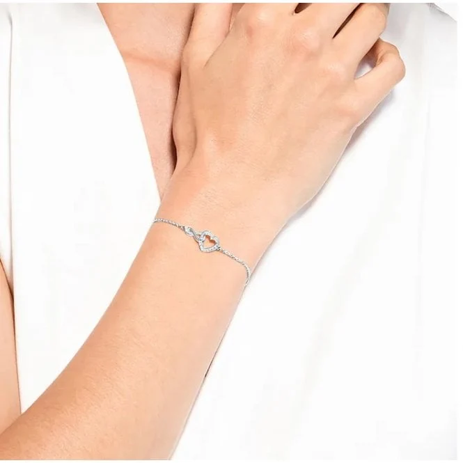 Hyperbola Infinity Heart Bracelet with White Crystal in Rhodium Silver