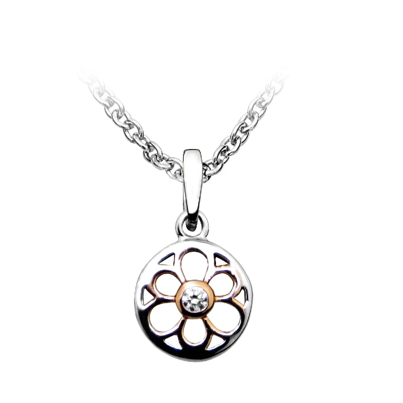 Silver, Rose Gold Vermeil & CZ Flower Pendant Necklace