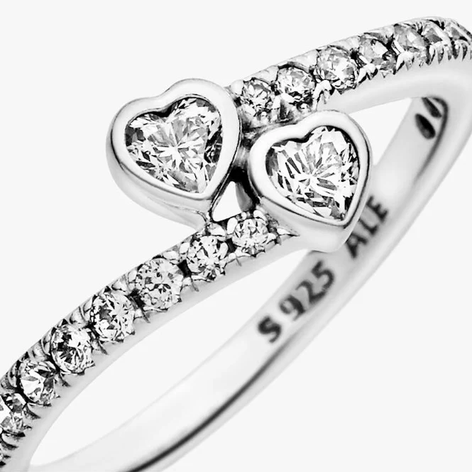 Two Sparkling Hearts Ring, Size 56