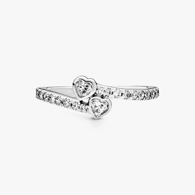 Two Sparkling Hearts Ring, Size 56