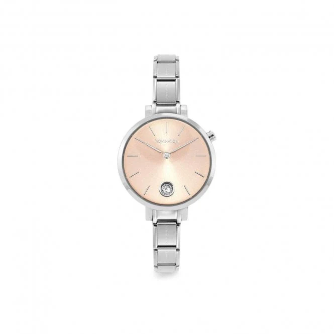 Time Round Pink Dial & Silver Charm Bracelet Watch with CZ