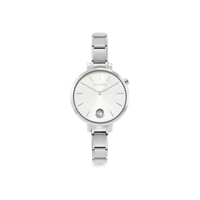 Time Round Silver Dial & Silver Charm Bracelet Watch with CZ